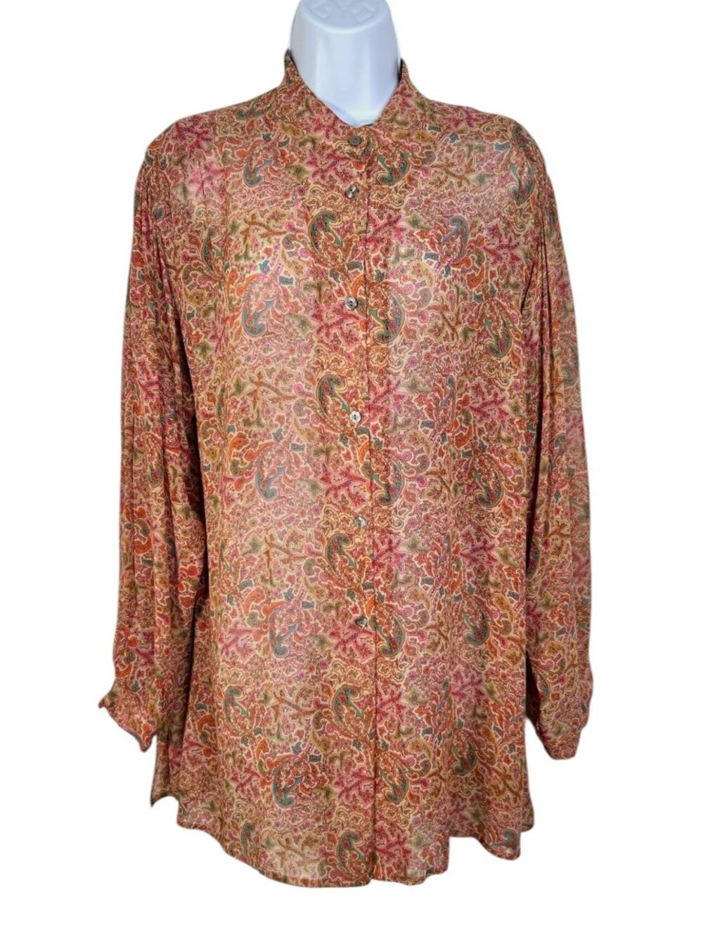 J Peterman Co Sheer Paisley Silk Blouse Floral Mandarin Collar ChiffonTan Pink M